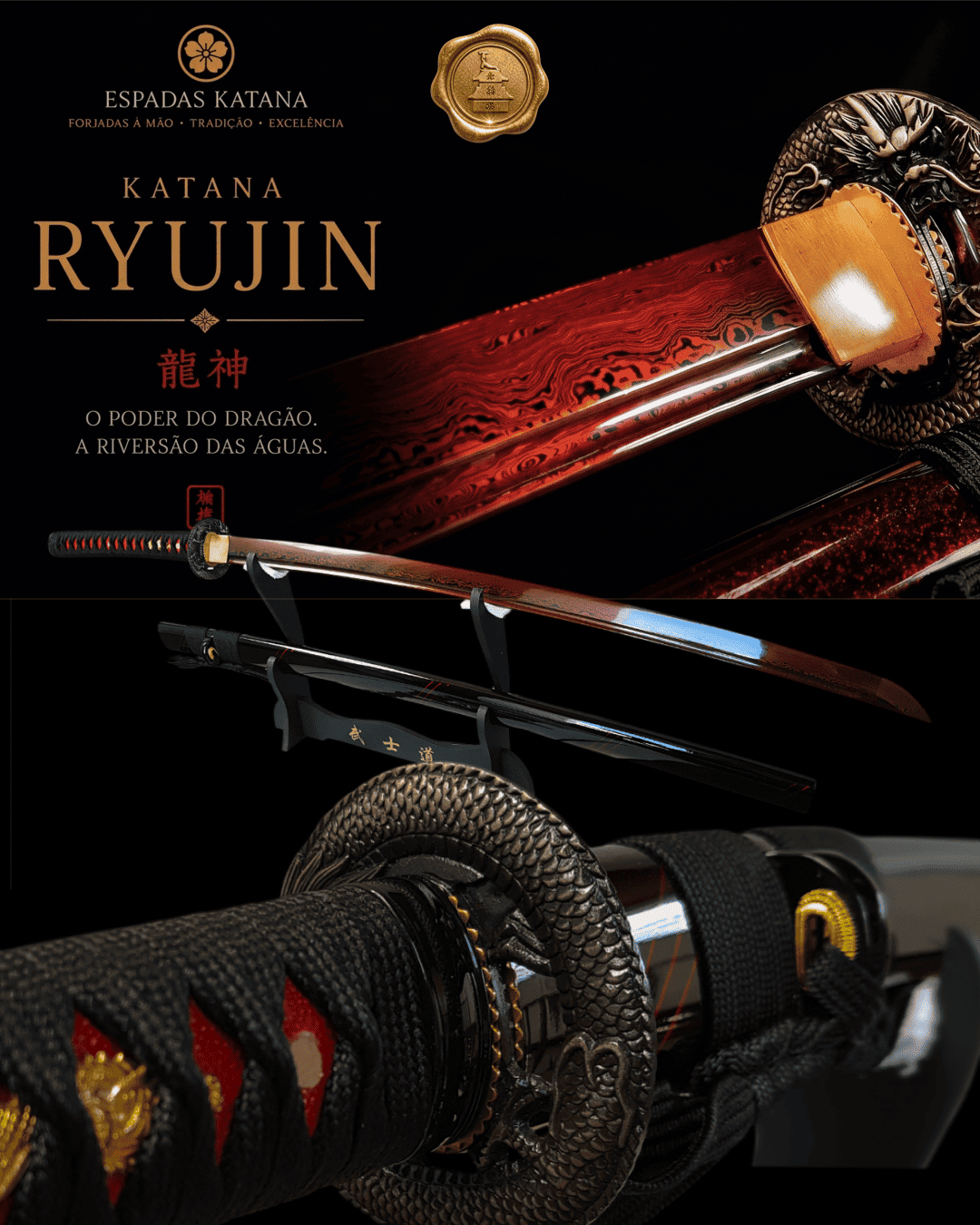 Katana Dragão Ryujin Damasco 2048 | Lâmina Vermelha | Shotokann