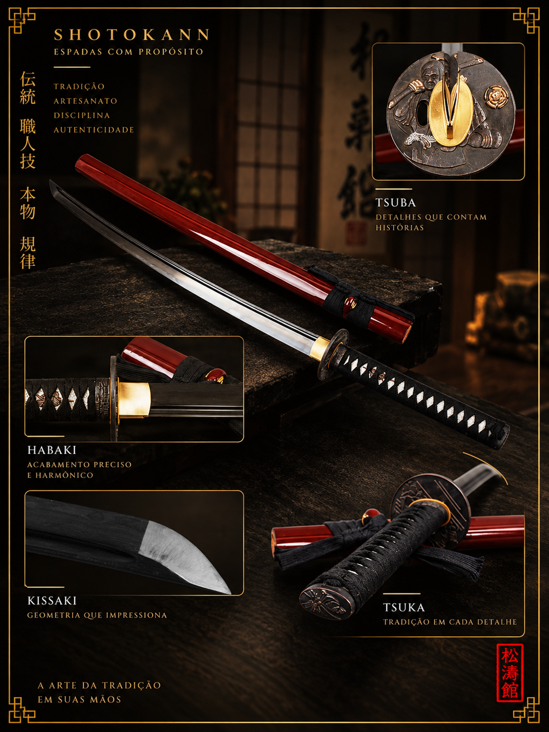 Katana Hangetsu Damasco 2048 | Lâmina Negra | Shotokann