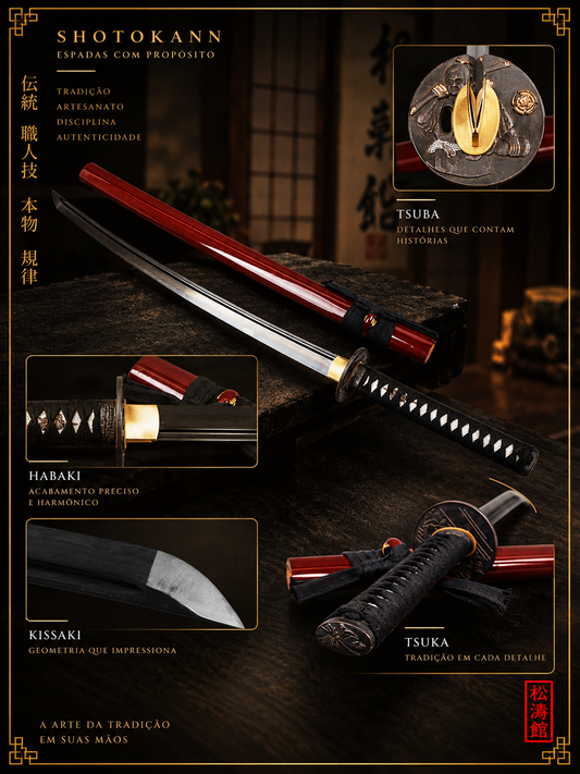 Katana Hangetsu Damasco 2048 | Lâmina Negra | Shotokann